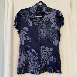 Vintage 90s Y2K Bebe Top Silk Button Blouse Collared Blue Floral Women's Large